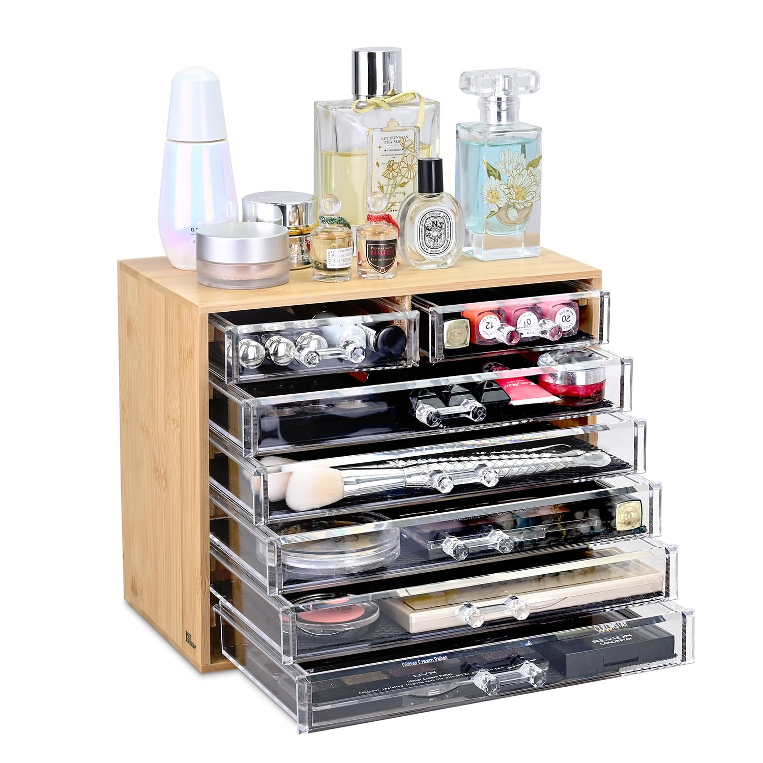 Bamboo Makeup Organizer with 7 Acrylic Drawers