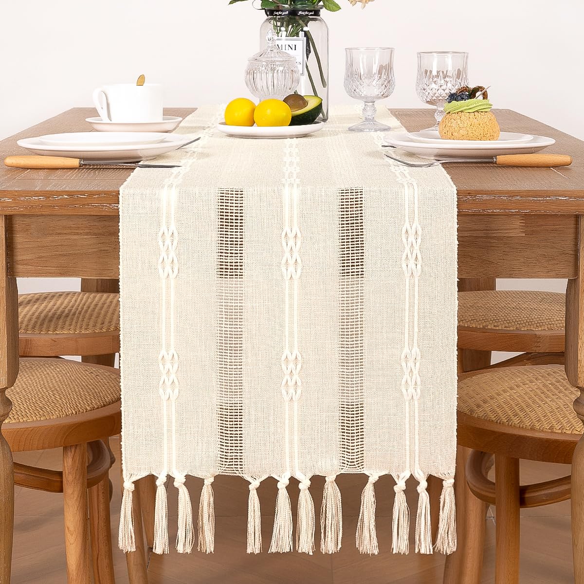 Macrame Woven Table Runner with Tassels — 13x60, Beige