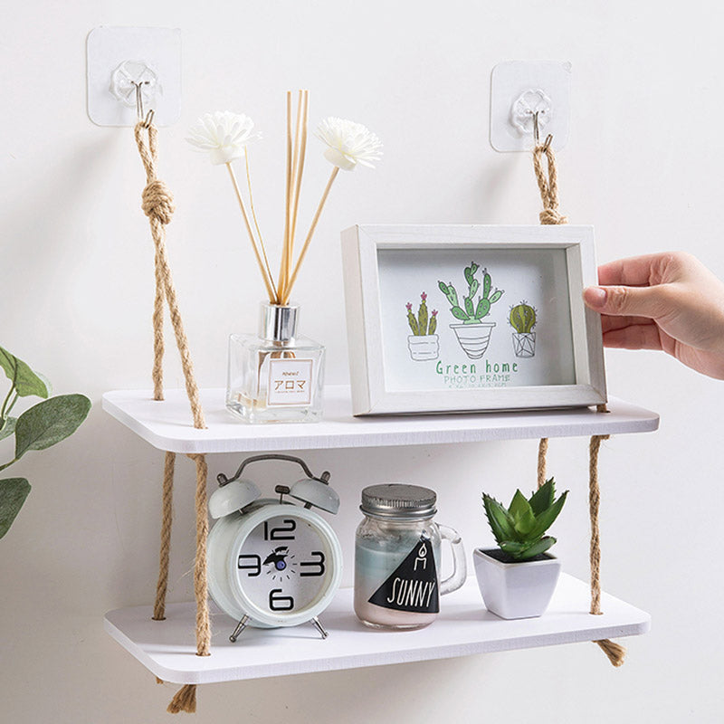Double-Layer Wall-Mounted Shelf with Jute Rope — 140cm