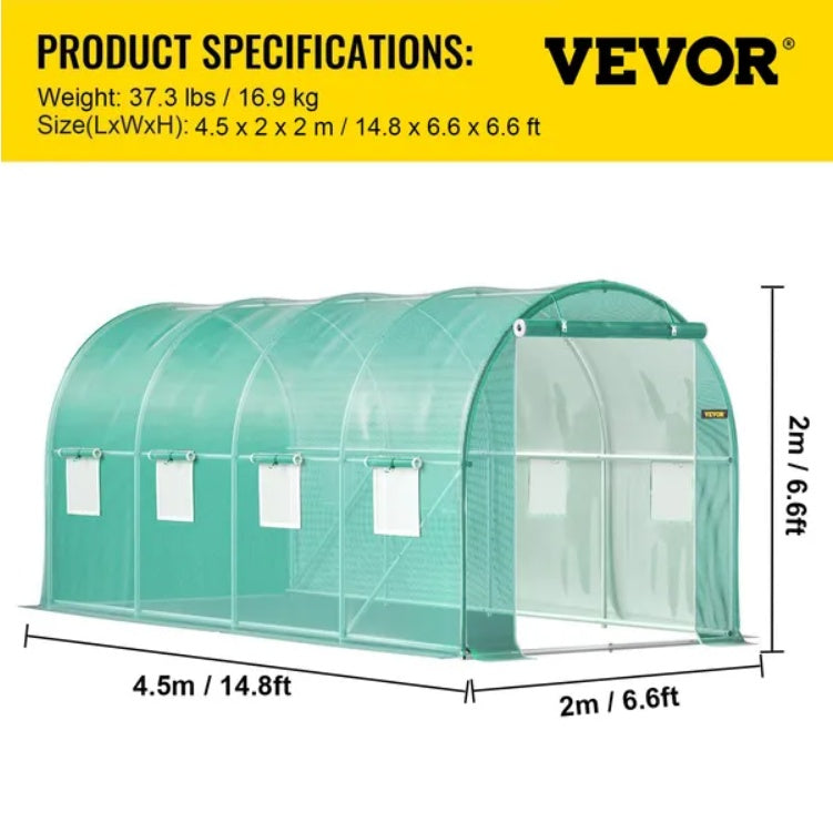 Walk-In Tunnel Greenhouse — 14.8 x 6.6 x 6.6 Ft with 8 Roll-Up Windows