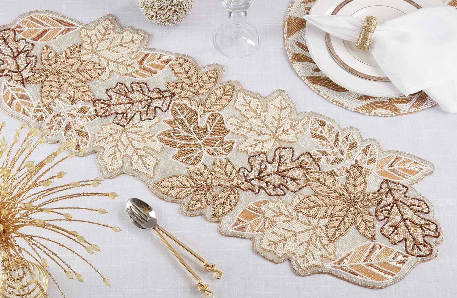 Fennco Styles Hand Beaded Fall Leaves Table Runner 12" W x 36" L - Gold Elegant Autumn Table Cover for Home Décor, Holidays, Family Gatherings, Banquets and Special Occasion