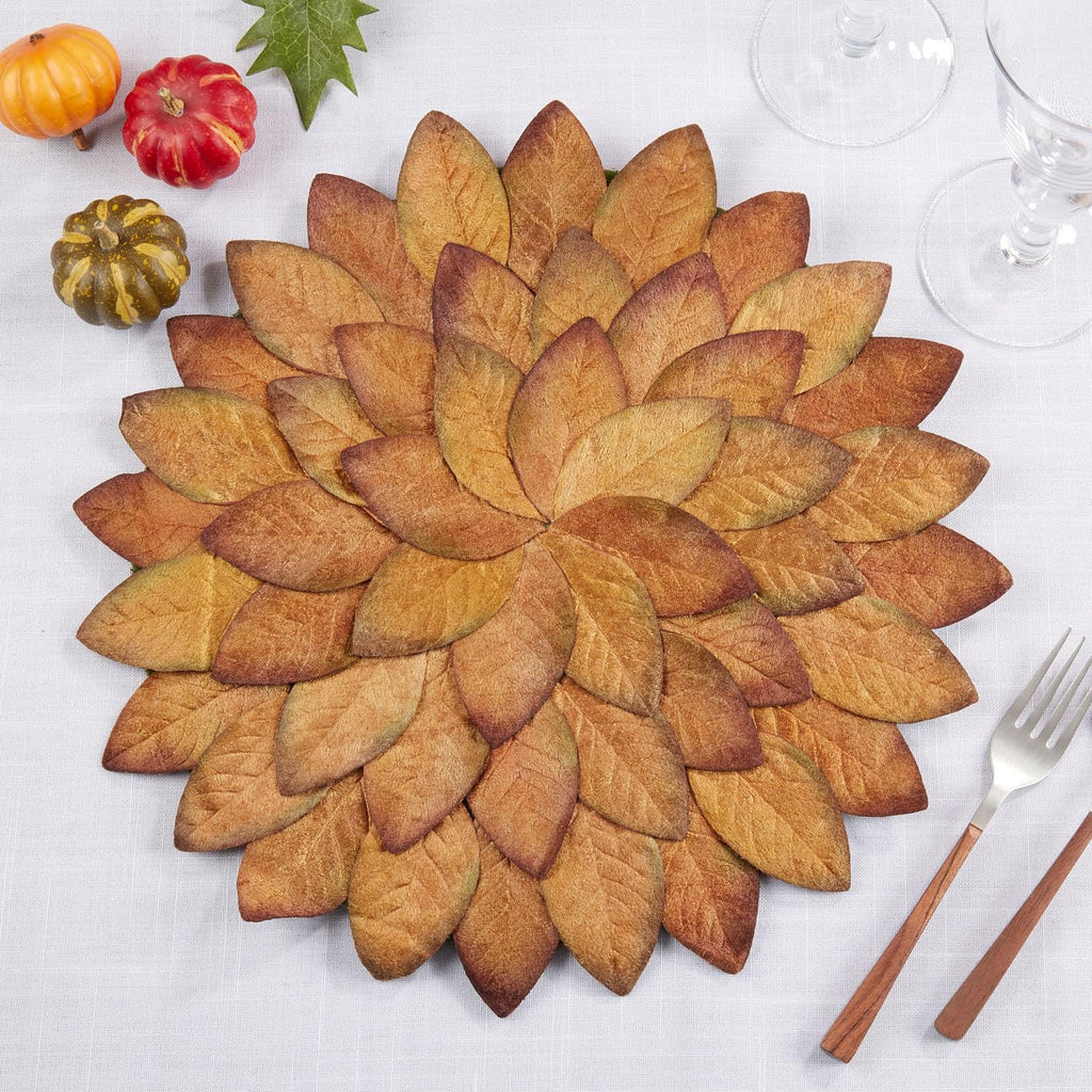 Fennco Styles Harvest Fall Leave Holiday Placemats 15" Round, Set of 4 - Copper Leaf Pattern Design Table Mat for Home Décor, Autumn Festivals, Family Gathering, Thanksgiving and Special Events