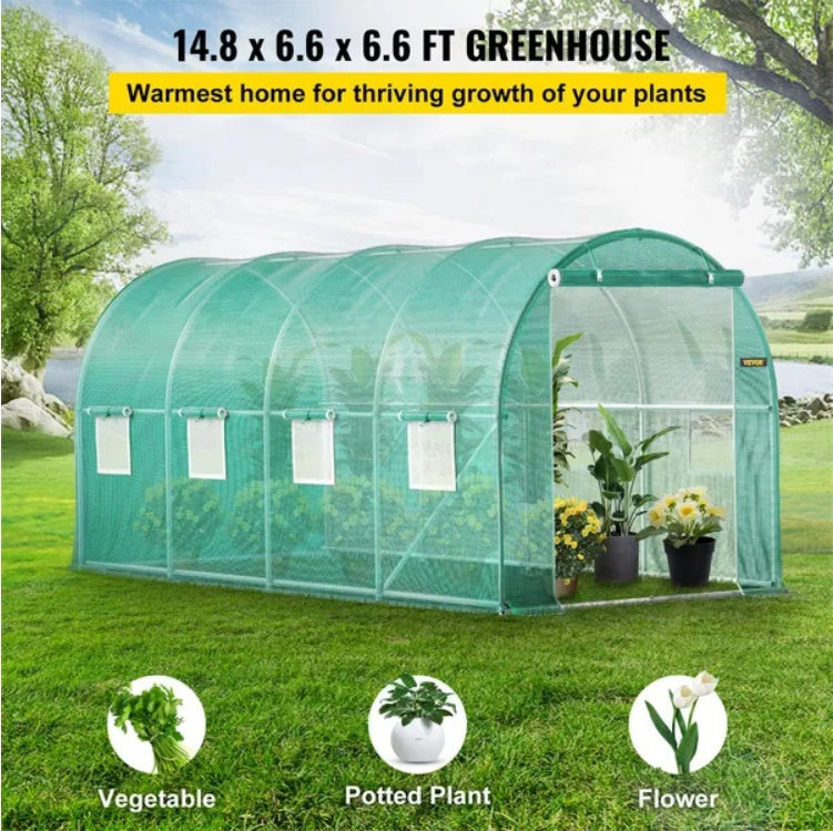 Walk-In Tunnel Greenhouse — 14.8 x 6.6 x 6.6 Ft with 8 Roll-Up Windows