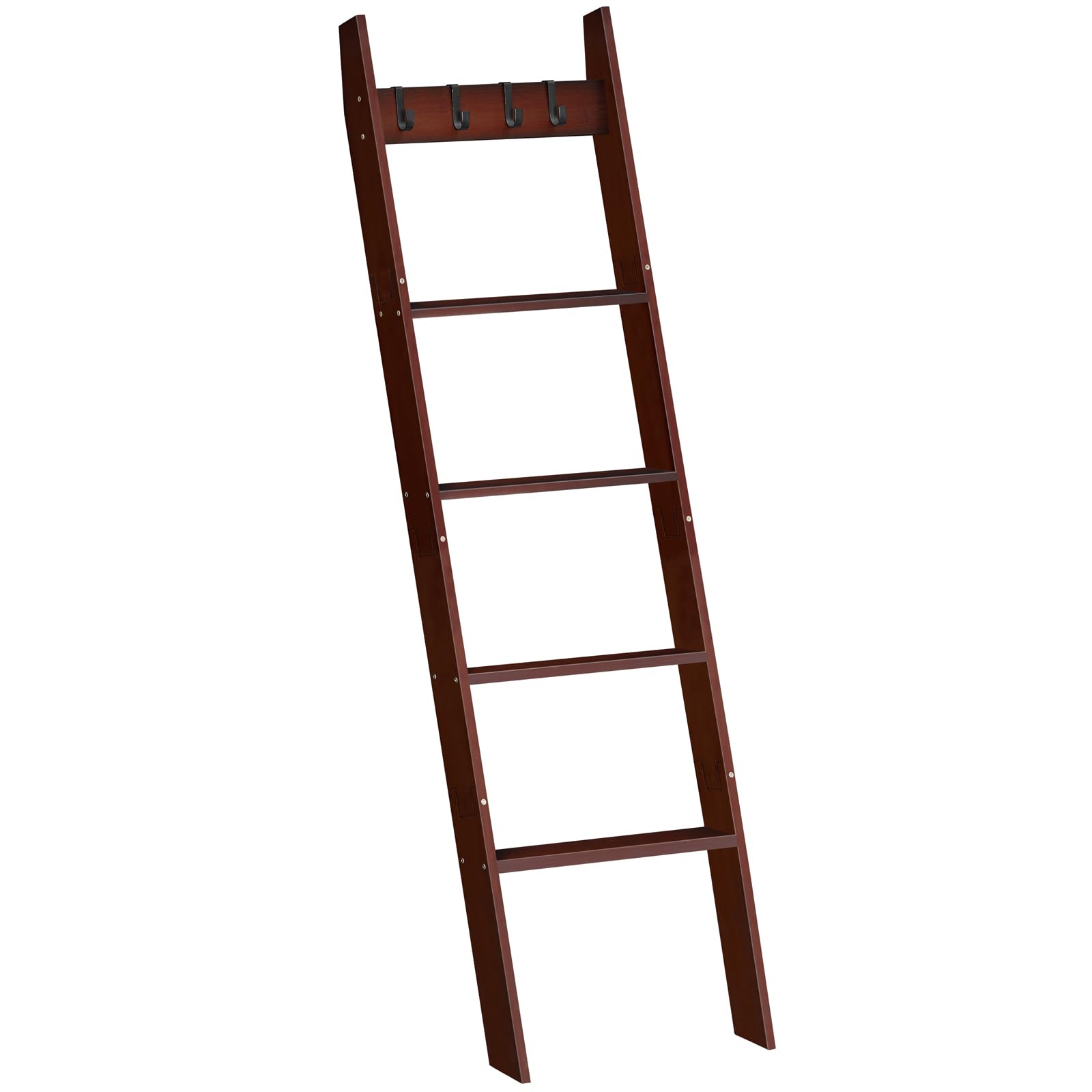 Farmhouse Blanket Ladder with Hooks — 5-Tier, Brown