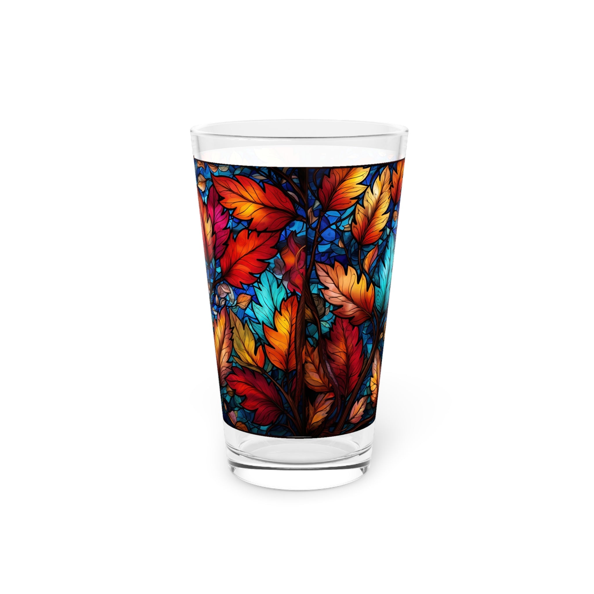 Autumnal Beauty: A Colorful Stained Glass Tribute to Fall Leaves  16oz Pint Glass Gift idea gifts for home decor housewarming gift