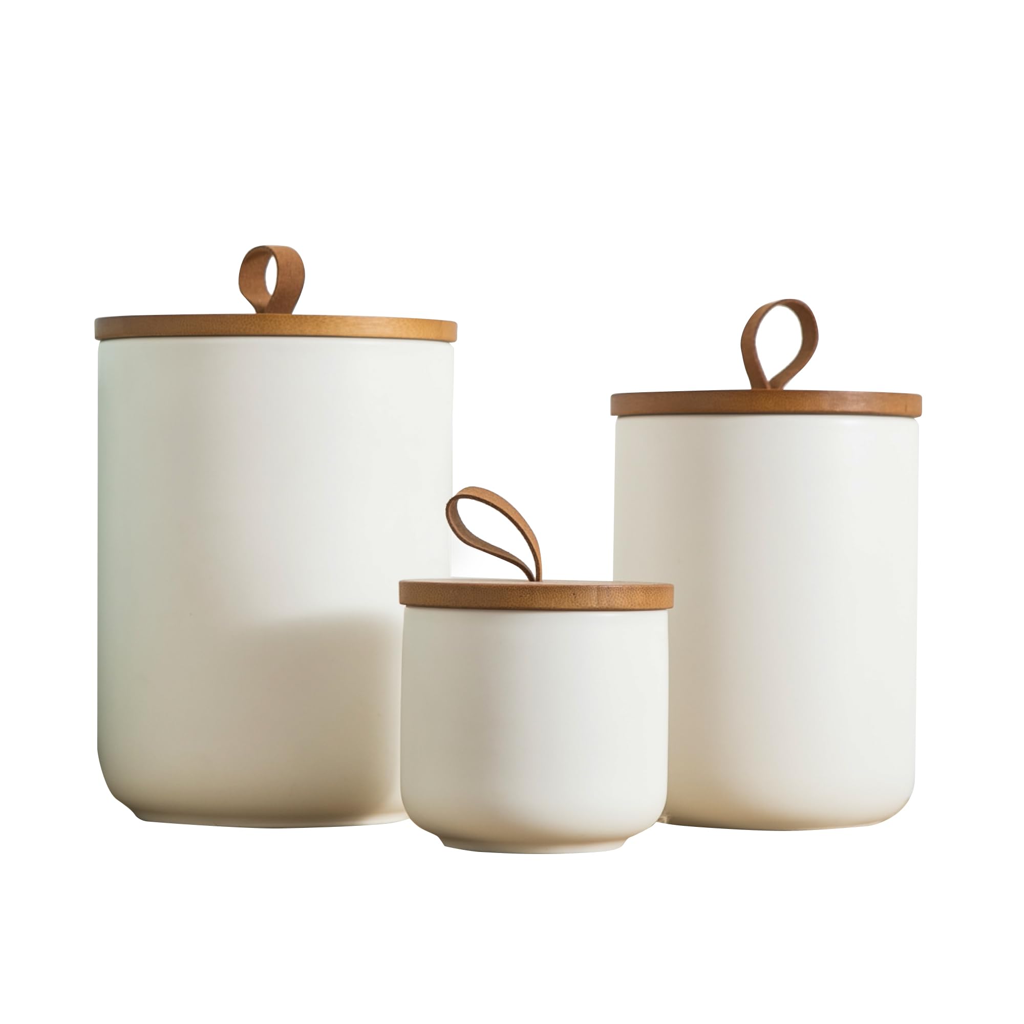 White Ceramic Kitchen Canister Set with Airtight Wood Lids — Set of 3