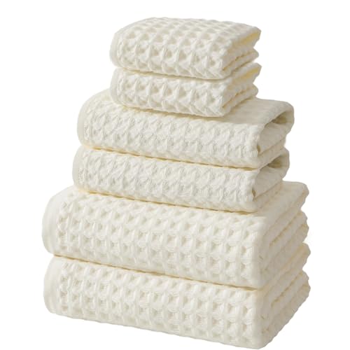 Waffle Weave Cotton Bath Towel Set — 6 Piece, White