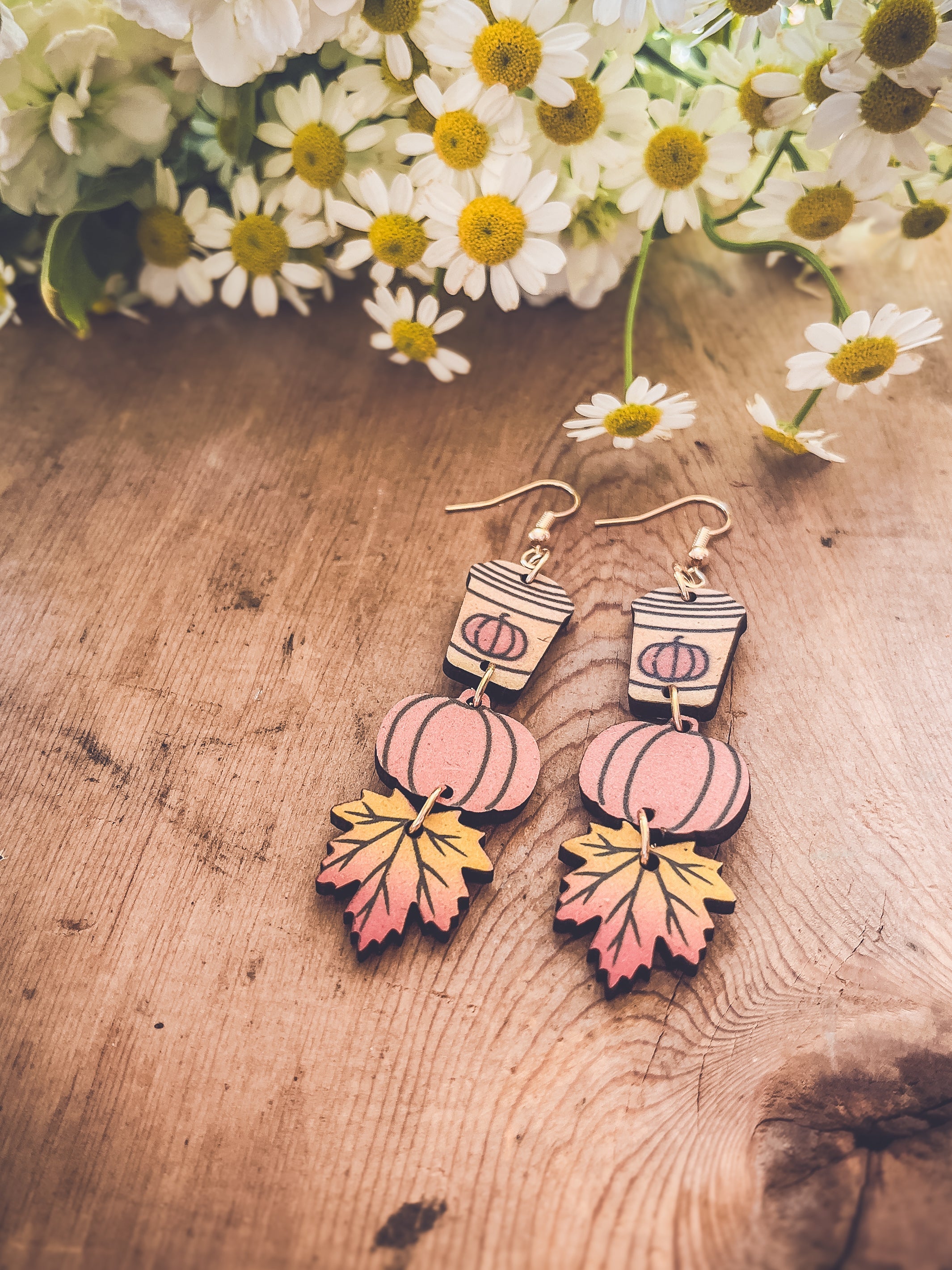Adorable Fall Pumpkin Spice Coffee Wood Earrings