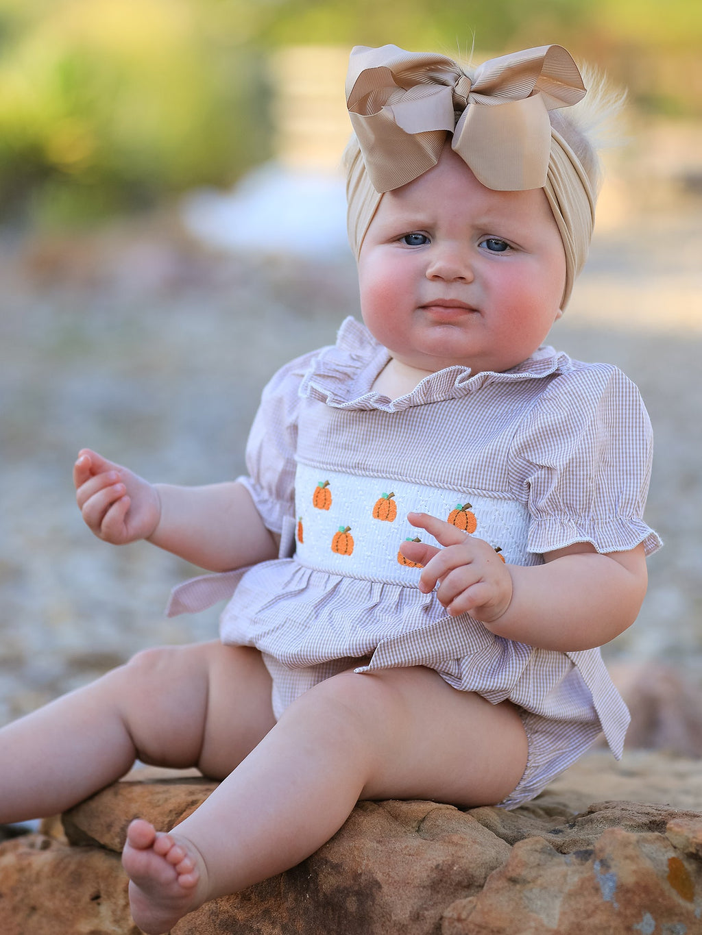 Pumpkin Smocked Plaid Baby Girl Romper — Halloween & Thanksgiving