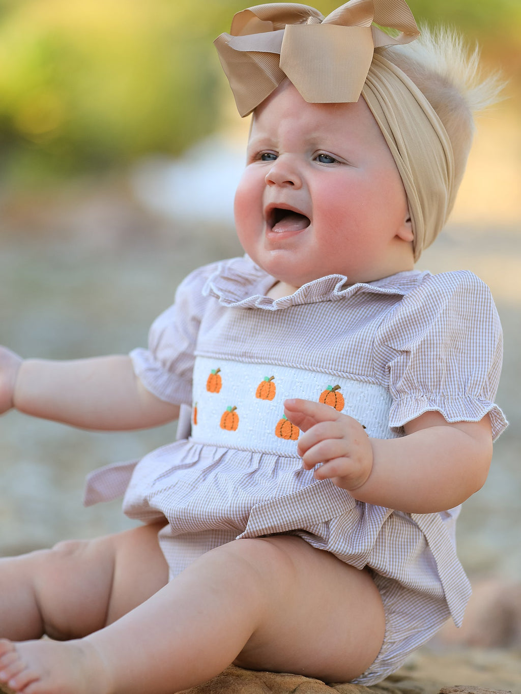 Pumpkin Smocked Plaid Baby Girl Romper — Halloween & Thanksgiving