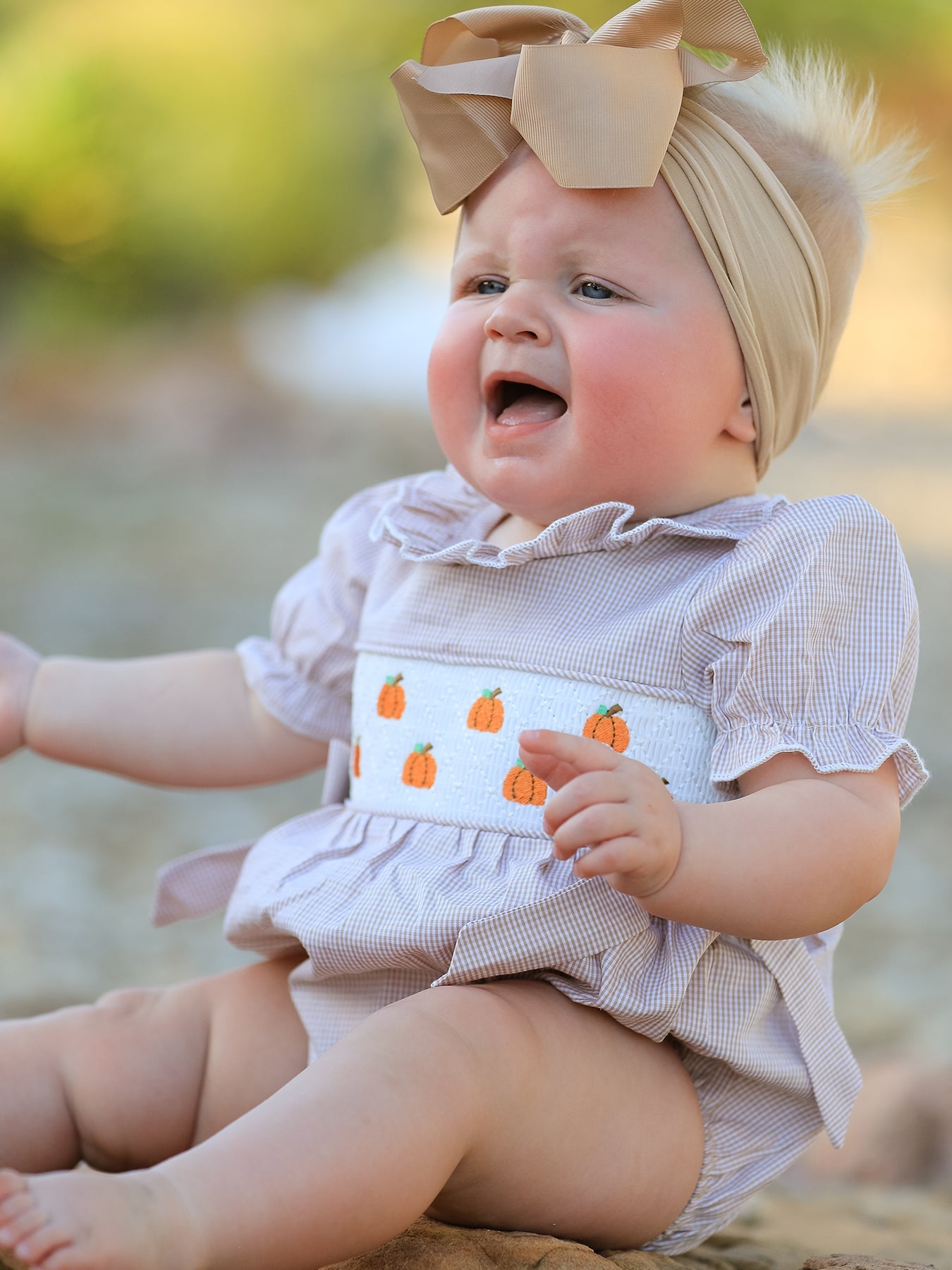 Pumpkin Smocked Plaid Baby Girl Romper — Halloween & Thanksgiving