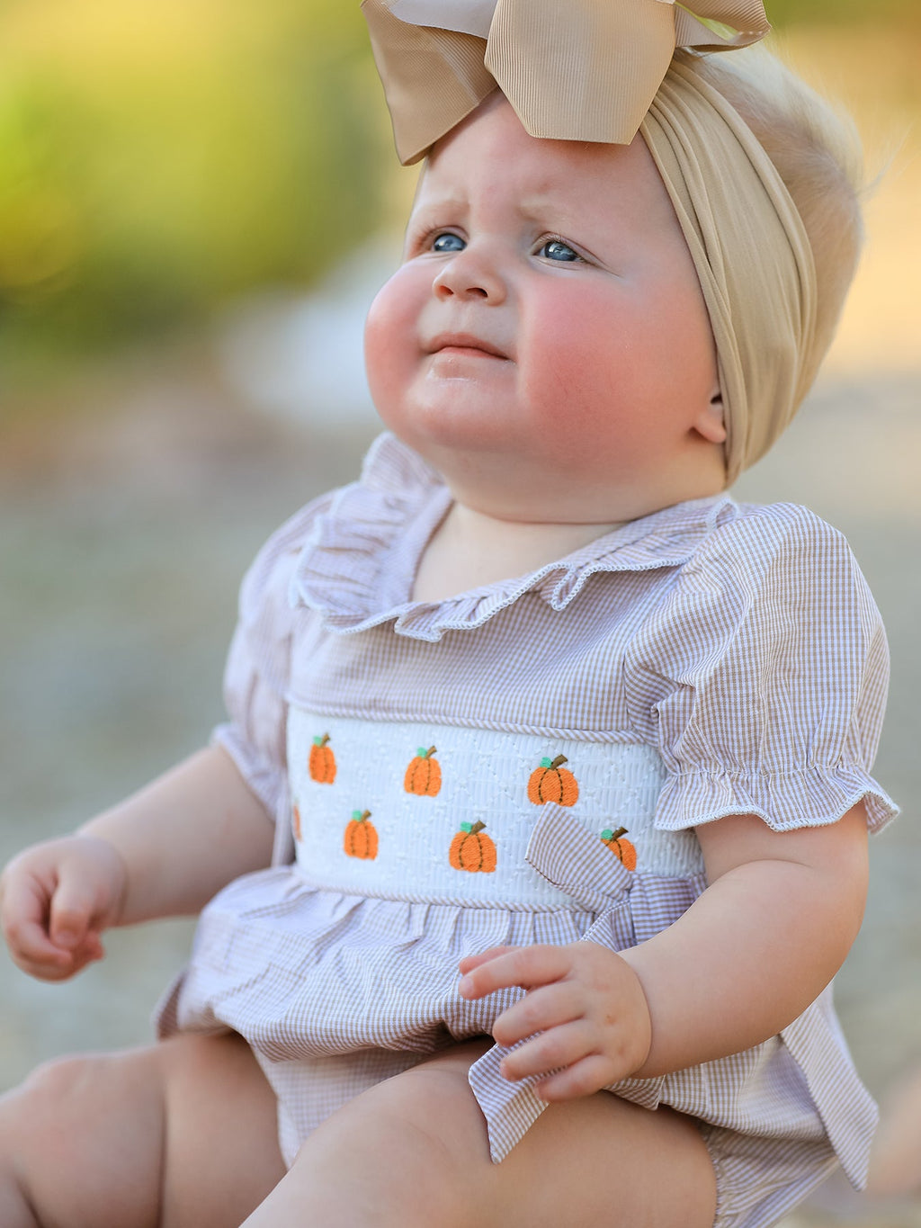 Pumpkin Smocked Plaid Baby Girl Romper — Halloween & Thanksgiving