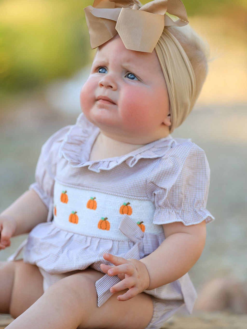 Pumpkin Smocked Plaid Baby Girl Romper — Halloween & Thanksgiving