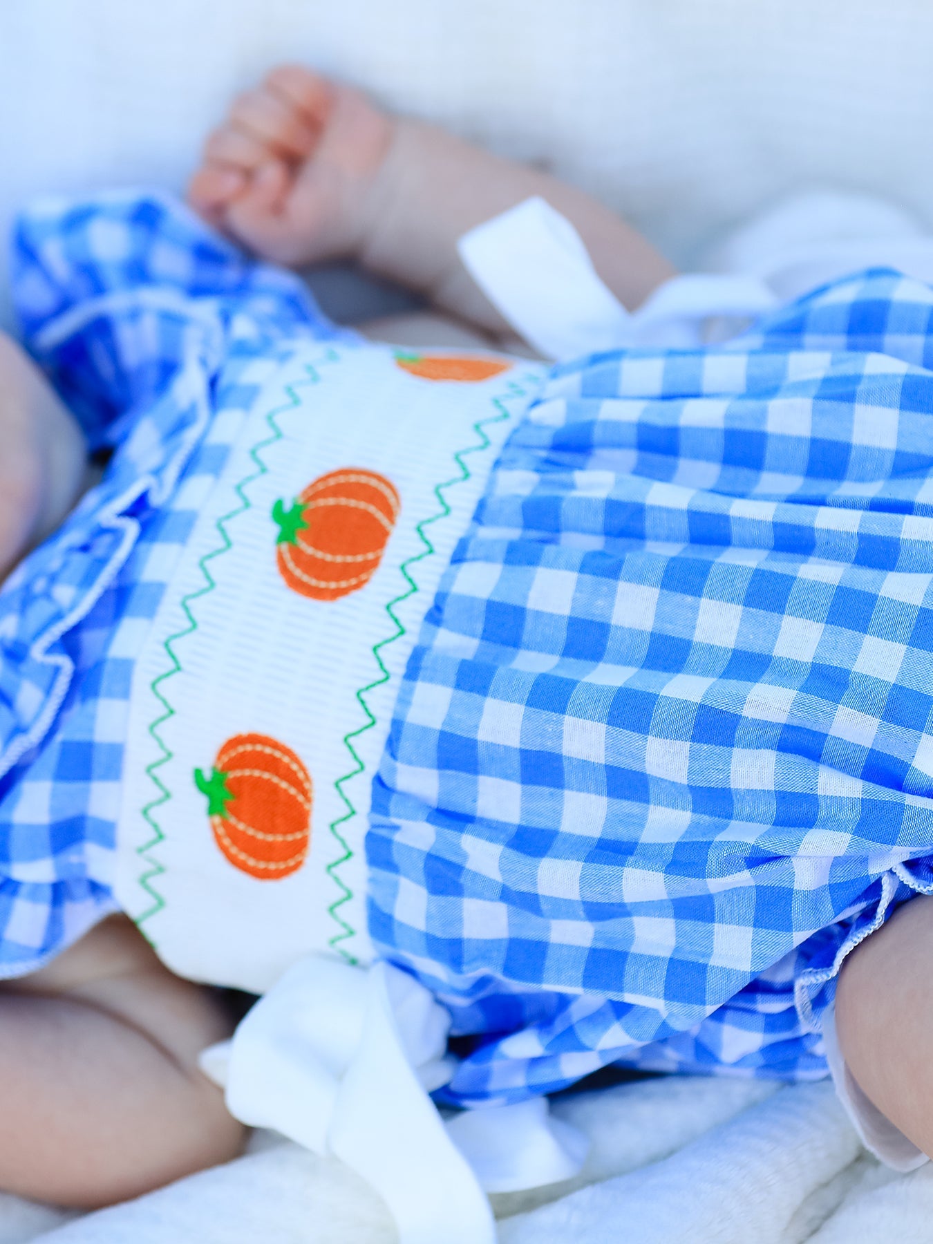Blue Pumpkin Smocked Baby Girl Romper — Thanksgiving & Halloween