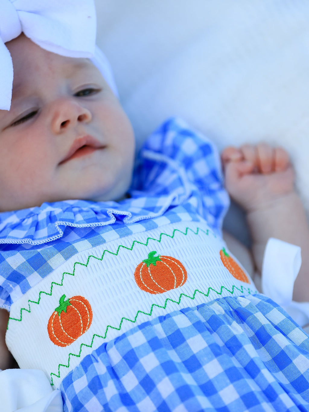 Blue Pumpkin Smocked Baby Girl Romper — Thanksgiving & Halloween