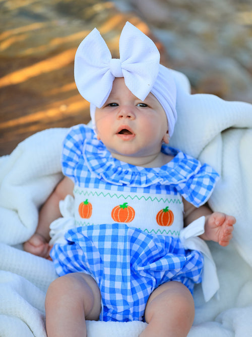 Blue Pumpkin Smocked Baby Girl Romper — Thanksgiving & Halloween