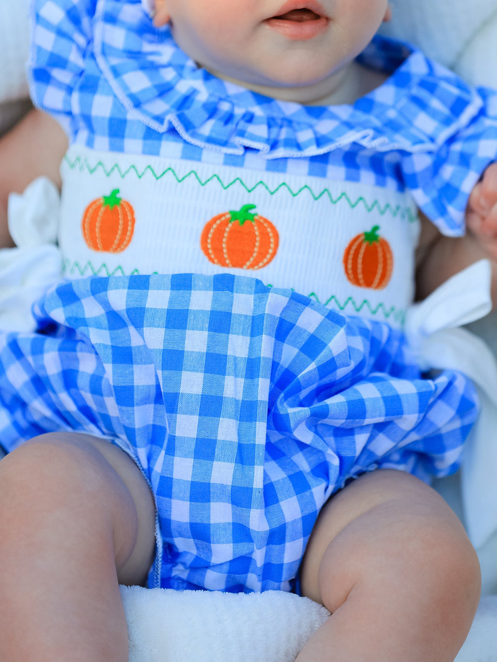Blue Pumpkin Smocked Baby Girl Romper — Thanksgiving & Halloween