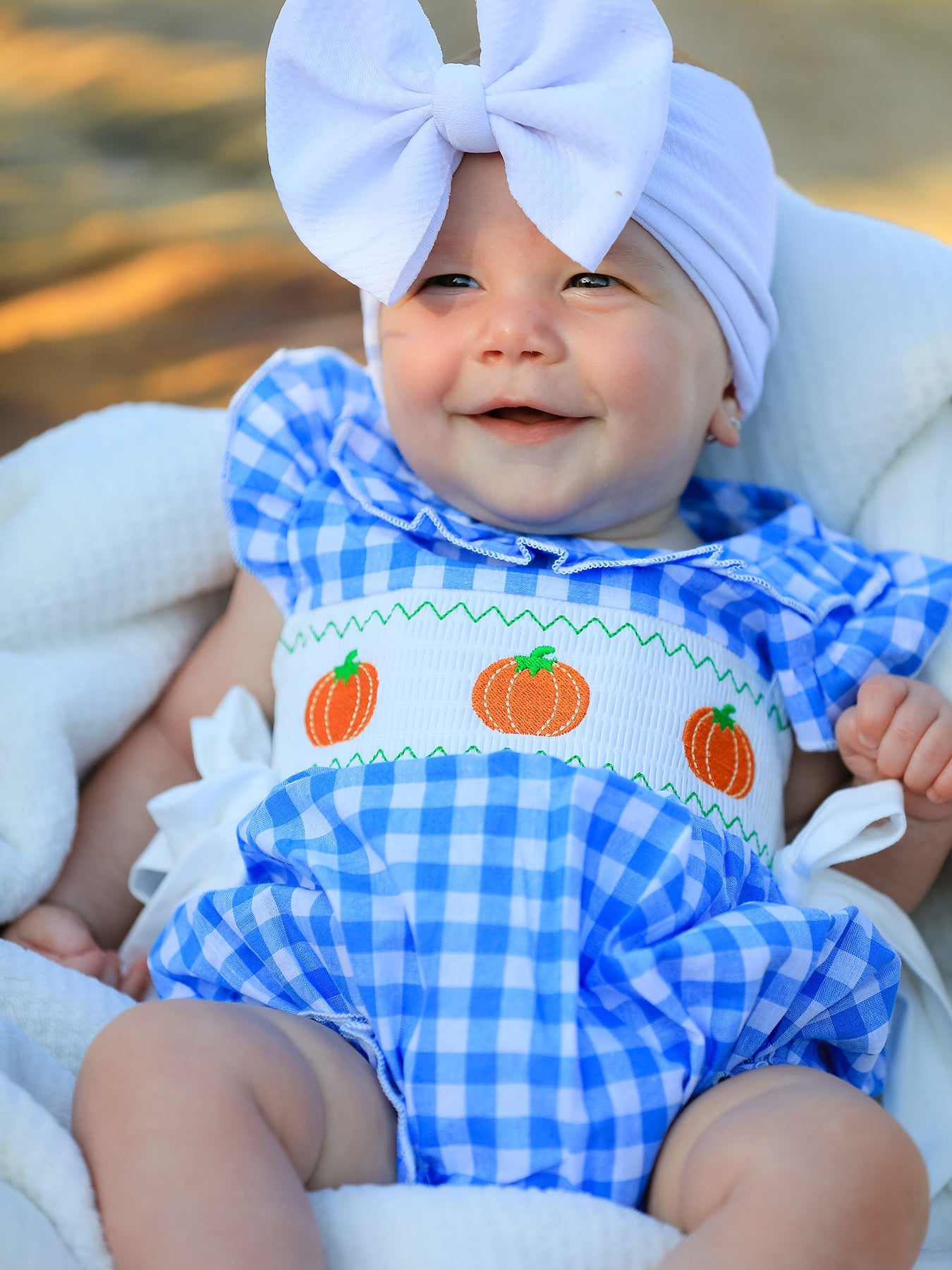 Blue Pumpkin Smocked Baby Girl Romper — Thanksgiving & Halloween