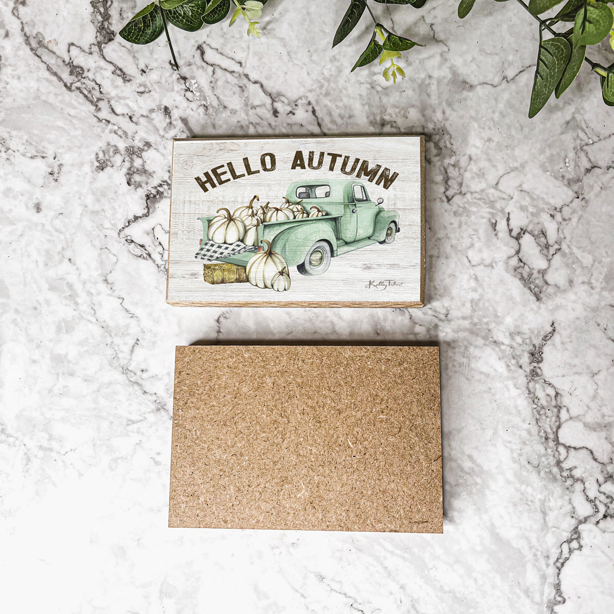 Teal Vintage Truck Hello Autumn Sign - Fall Halloween Decor, Neutral Farmhouse