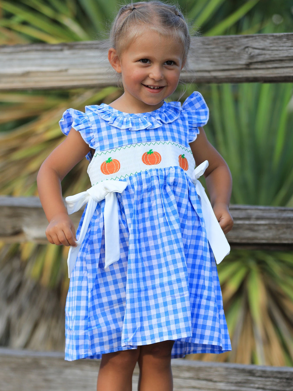 Blue Pumpkin Smocked Baby Girl Dress — Thanksgiving & Halloween