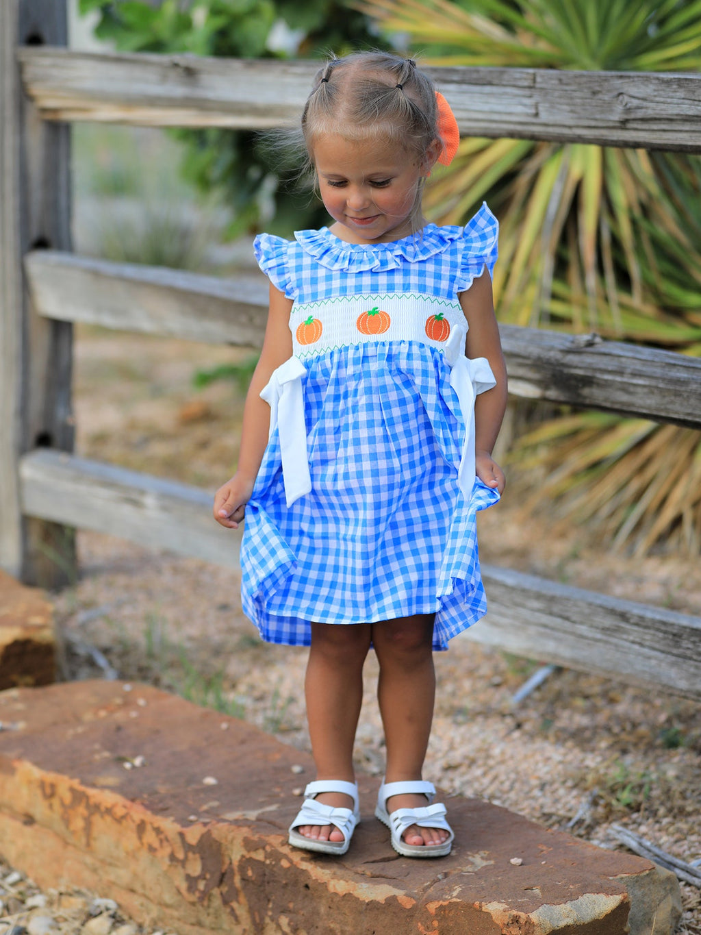 Blue Pumpkin Smocked Baby Girl Dress — Thanksgiving & Halloween