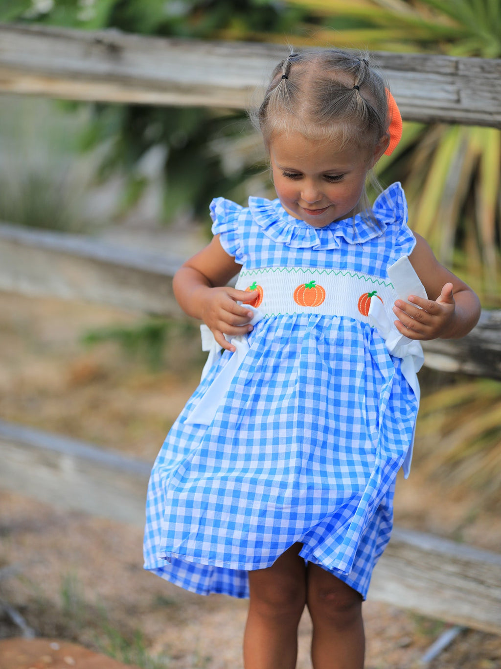 Blue Pumpkin Smocked Baby Girl Dress — Thanksgiving & Halloween