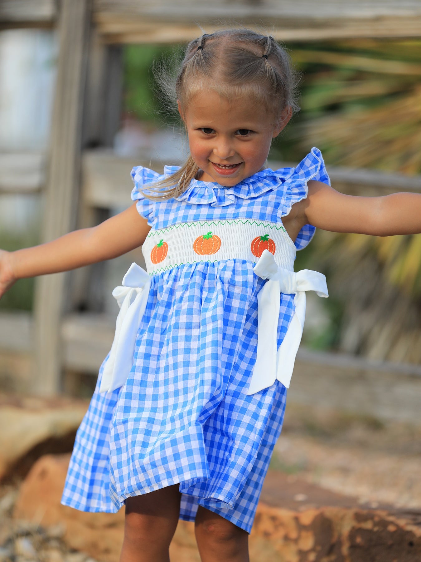 Blue Pumpkin Smocked Baby Girl Dress — Thanksgiving & Halloween