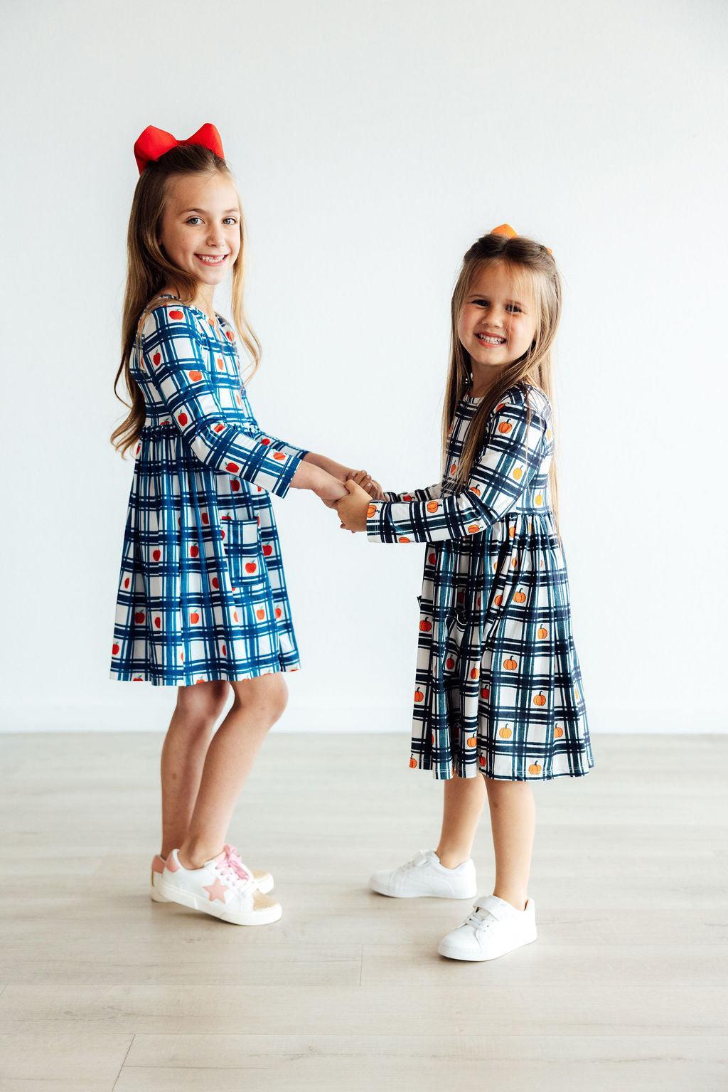 Plaid Apples Long Sleeve Pocket Twirl Dress