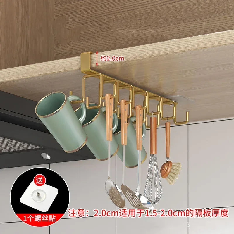 Punch-free Double-row Hooks Kitchen Cupboard Under Shelf Mug Cup Hanger Hook Iron Hanging Rack Holder Kitchen Cabinet Organizer