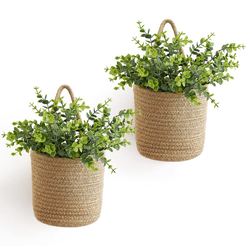Wall Hanging Jute Rope Basket with Eucalyptus — 2 Pack