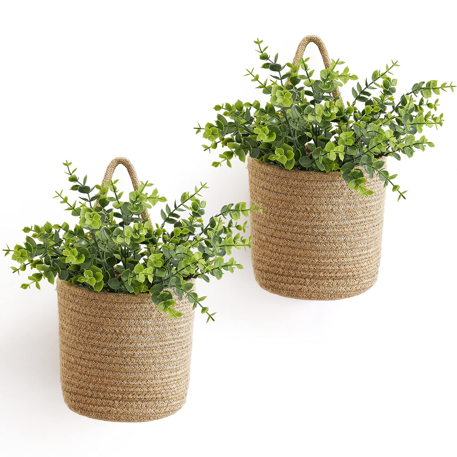 Wall Hanging Jute Rope Basket with Eucalyptus — 2 Pack