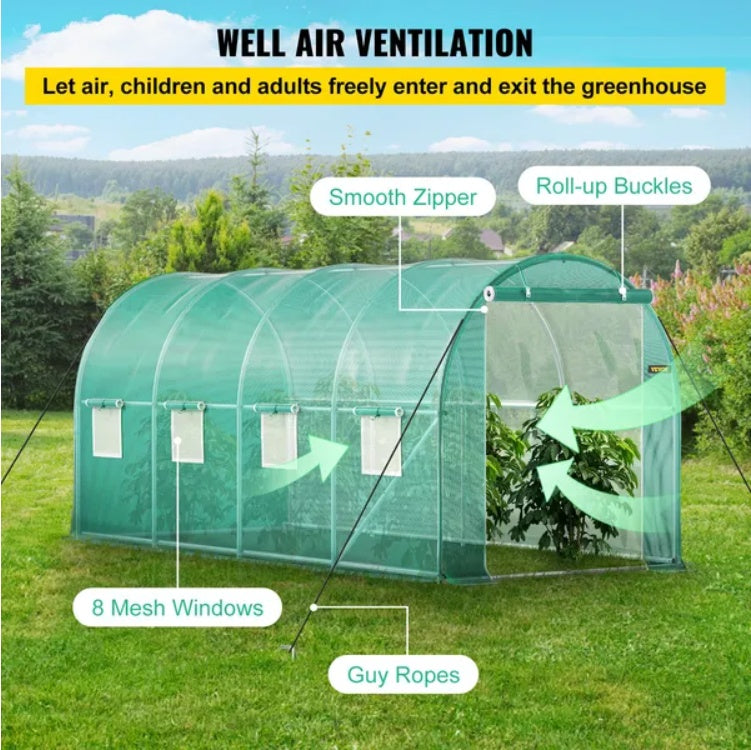 Walk-In Tunnel Greenhouse — 14.8 x 6.6 x 6.6 Ft with 8 Roll-Up Windows