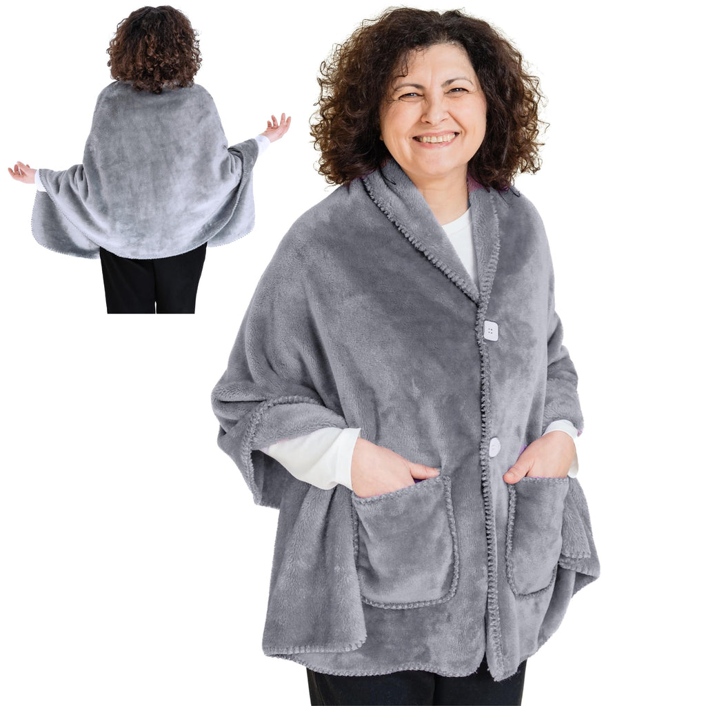 Lightweight Fleece Poncho Wrap Blanket — Silver Grey