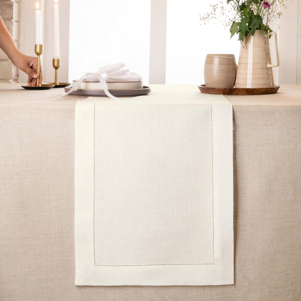 Ivory Linen Table Runner with Hemstitch — 14x90 Inch