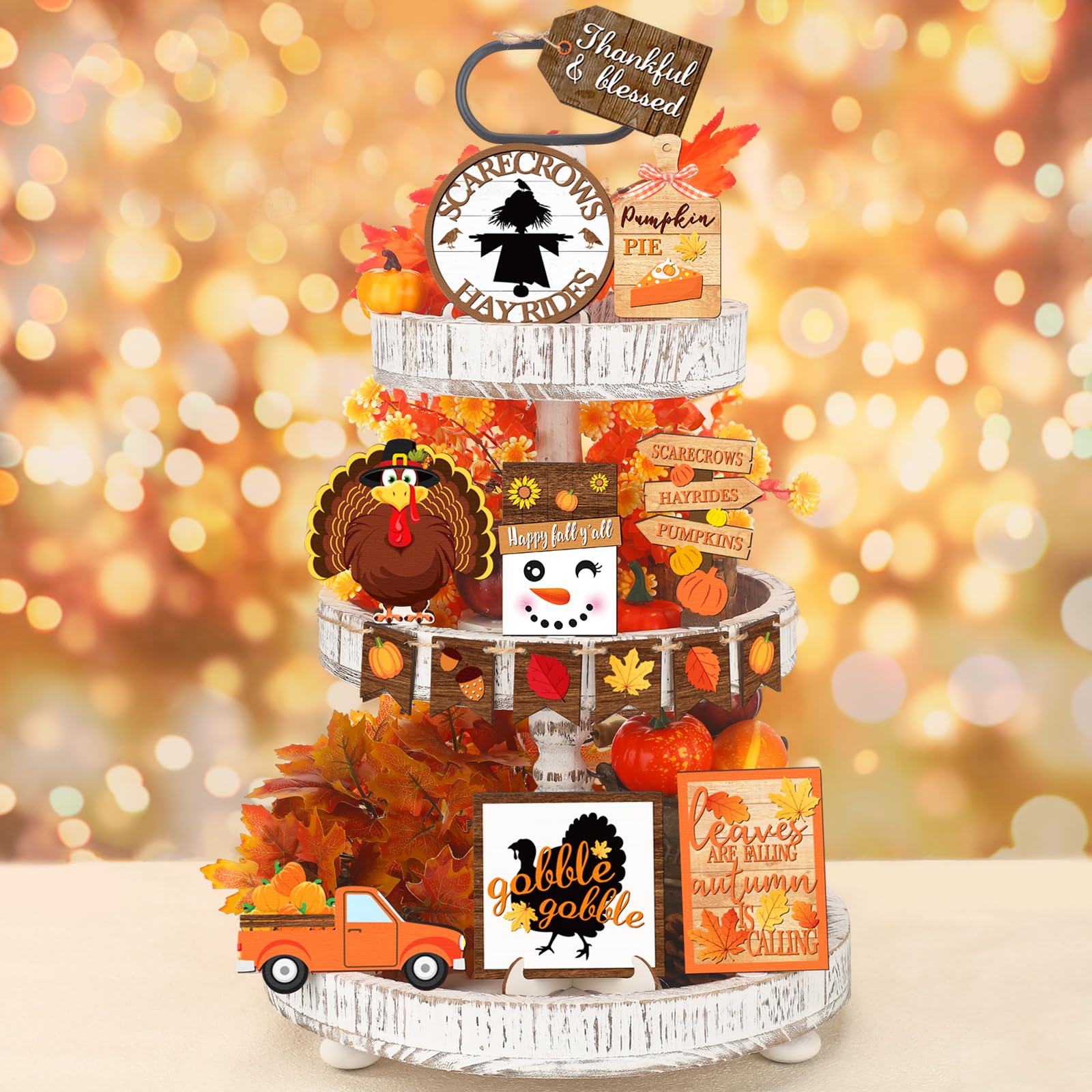 Fall Tiered Tray Decor Set — 14 Piece Wooden