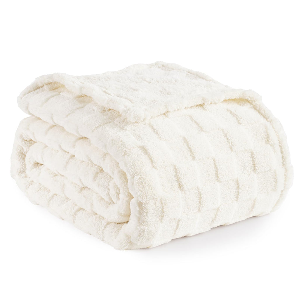 Cream Checkered Fleece Blanket — 108x90