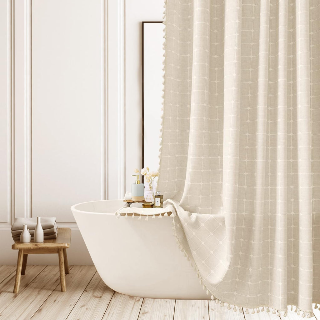 Boho Farmhouse Tassel Shower Curtain — 72x72, Beige Stripe