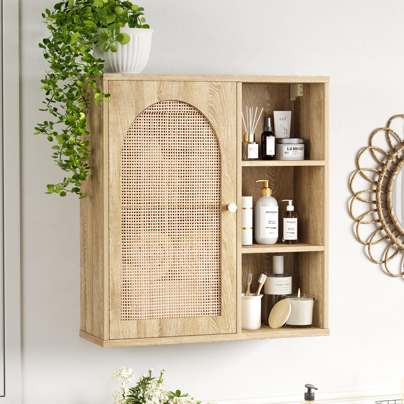 Boho Rattan Wall Cabinet with Adjustable Shelves — Natural