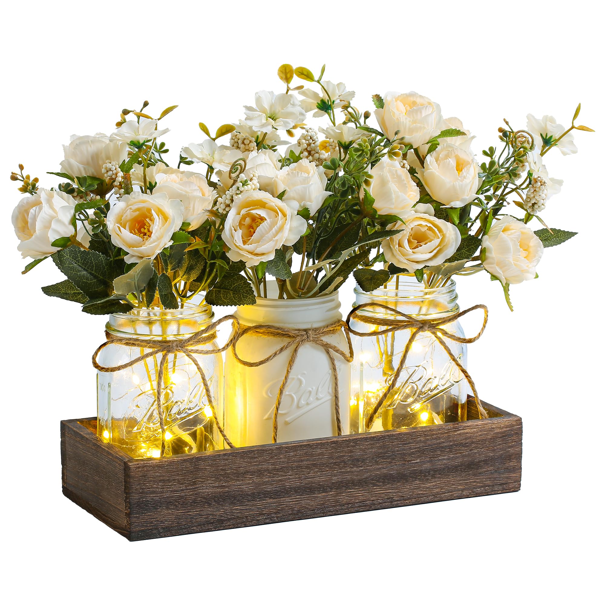 Mason Jar Centerpiece Set with Wood Tray & LED Lights — 3 Piece