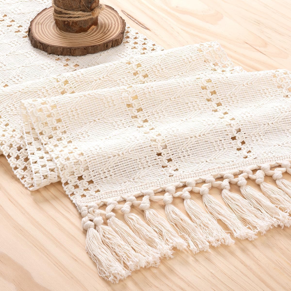 Ivory Macrame Table Runner with Tassels — 12x48