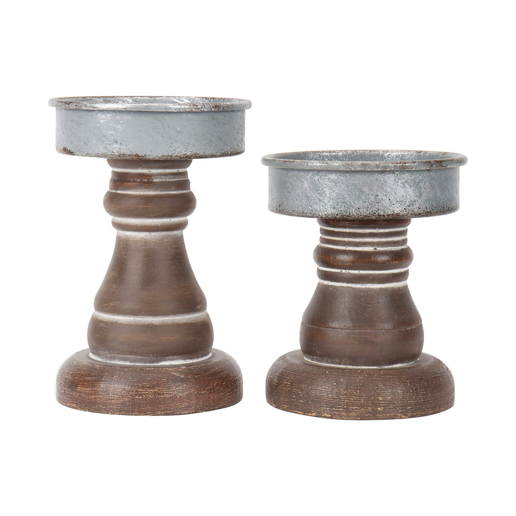 Rustic Farmhouse Pillar Candle Holders with Galvanized Plate — Set of 2, Brown