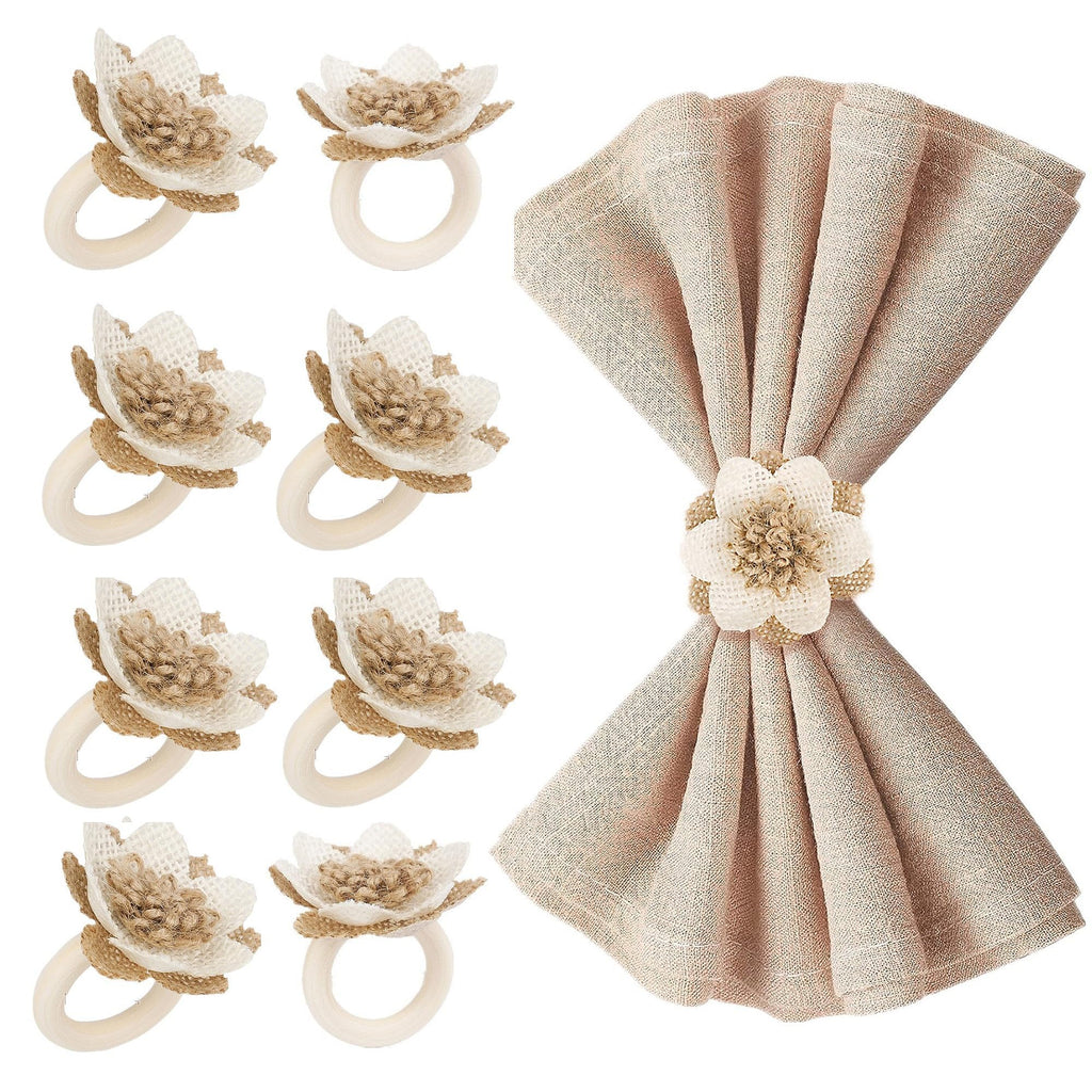 Boho Burlap Napkin Rings with Wood Beads — Set of 6
