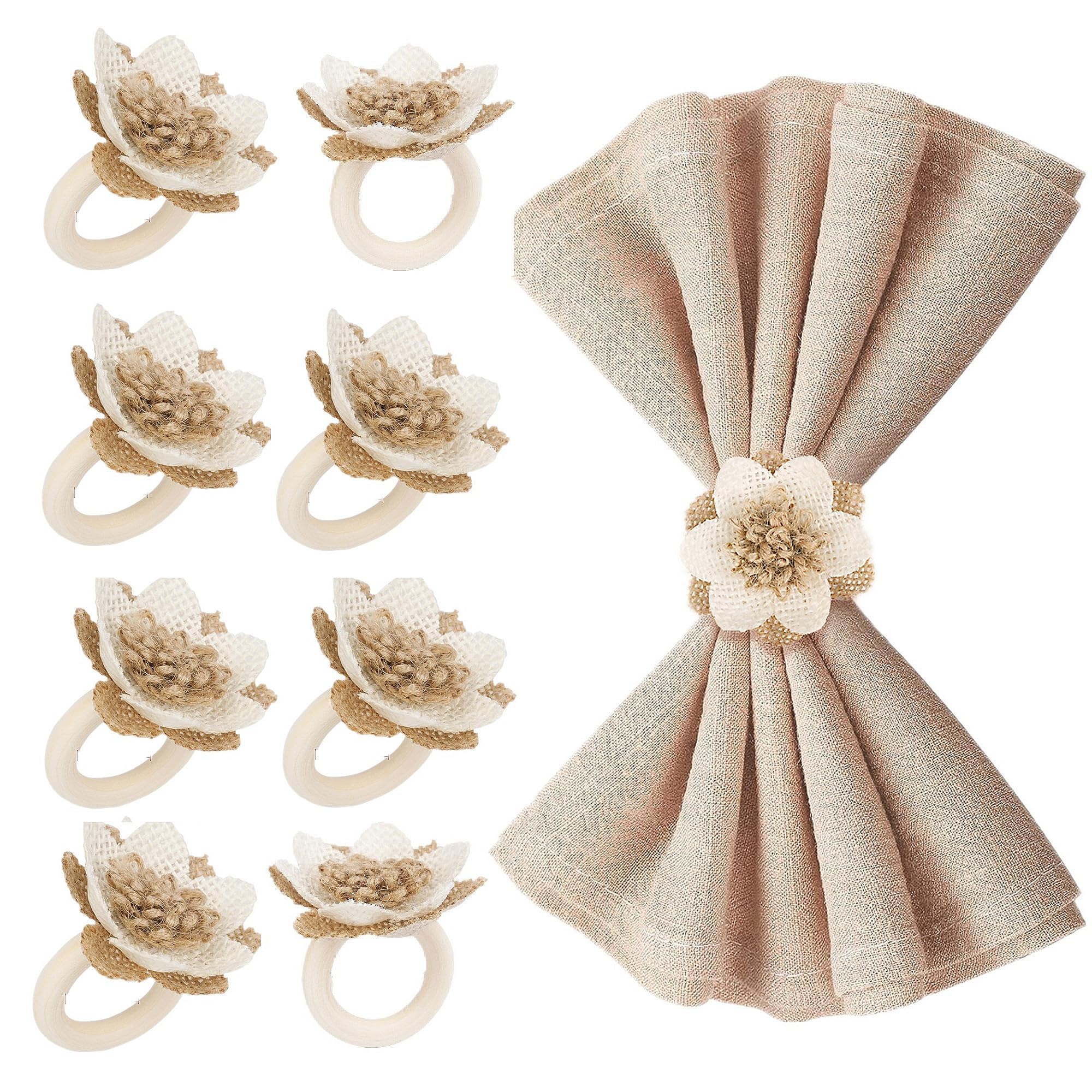 Boho Burlap Napkin Rings with Wood Beads — Set of 6