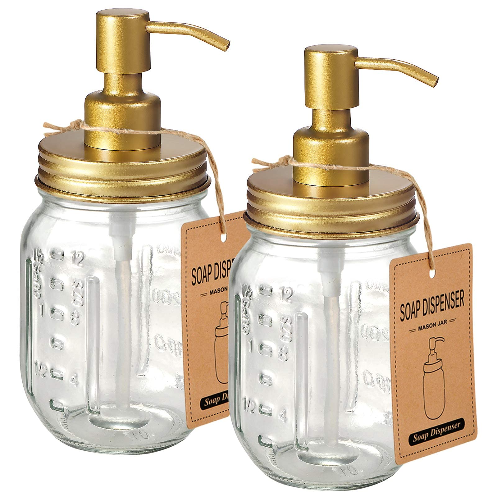 Mason Jar Liquid Soap Dispenser with Bronze Pump — 2 Pack, 16oz