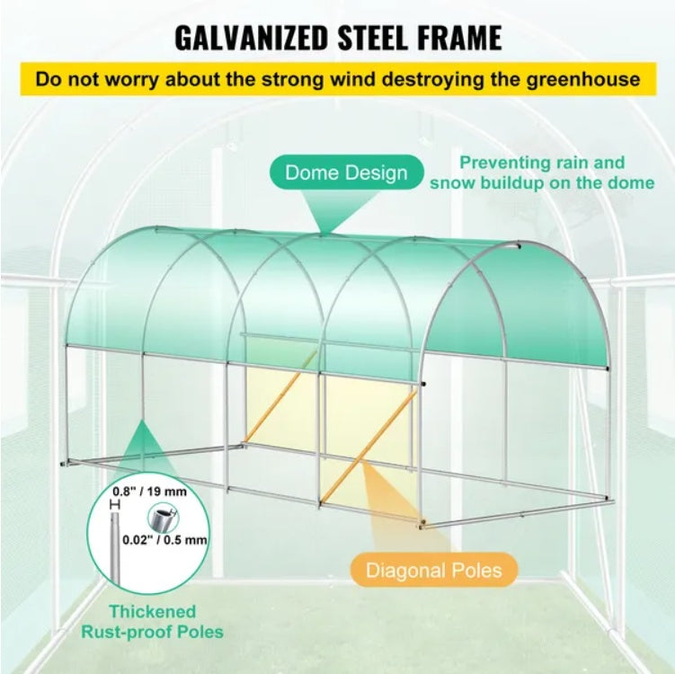 Walk-In Tunnel Greenhouse — 14.8 x 6.6 x 6.6 Ft with 8 Roll-Up Windows