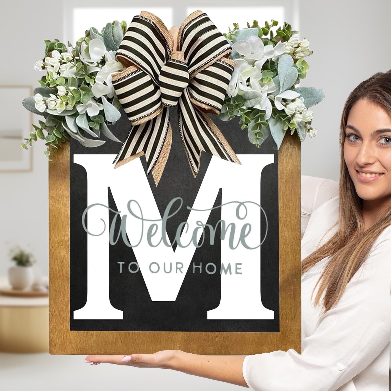 Personalized Last Name Welcome Sign with Eucalyptus & Bow — 14x12 Inch