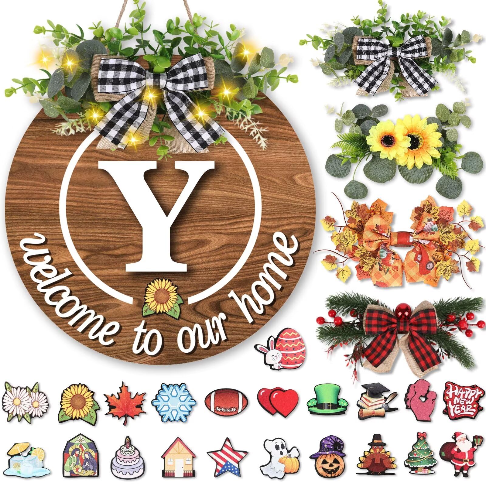 Interchangeable Welcome Sign with 4 Seasonal Wreaths & 21 Icons