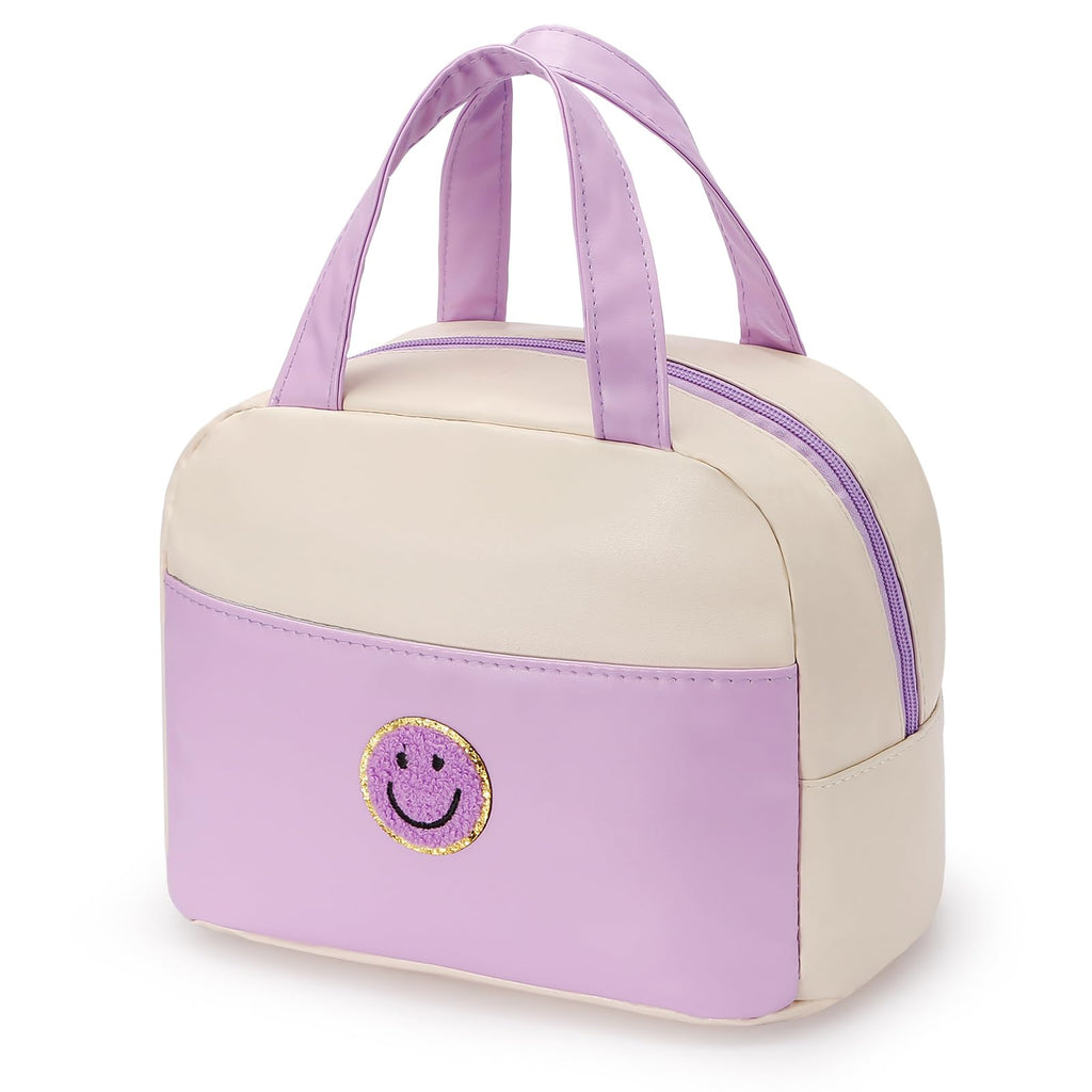 Chic Insulated Lunch Tote with Soft Leather - Purple & White