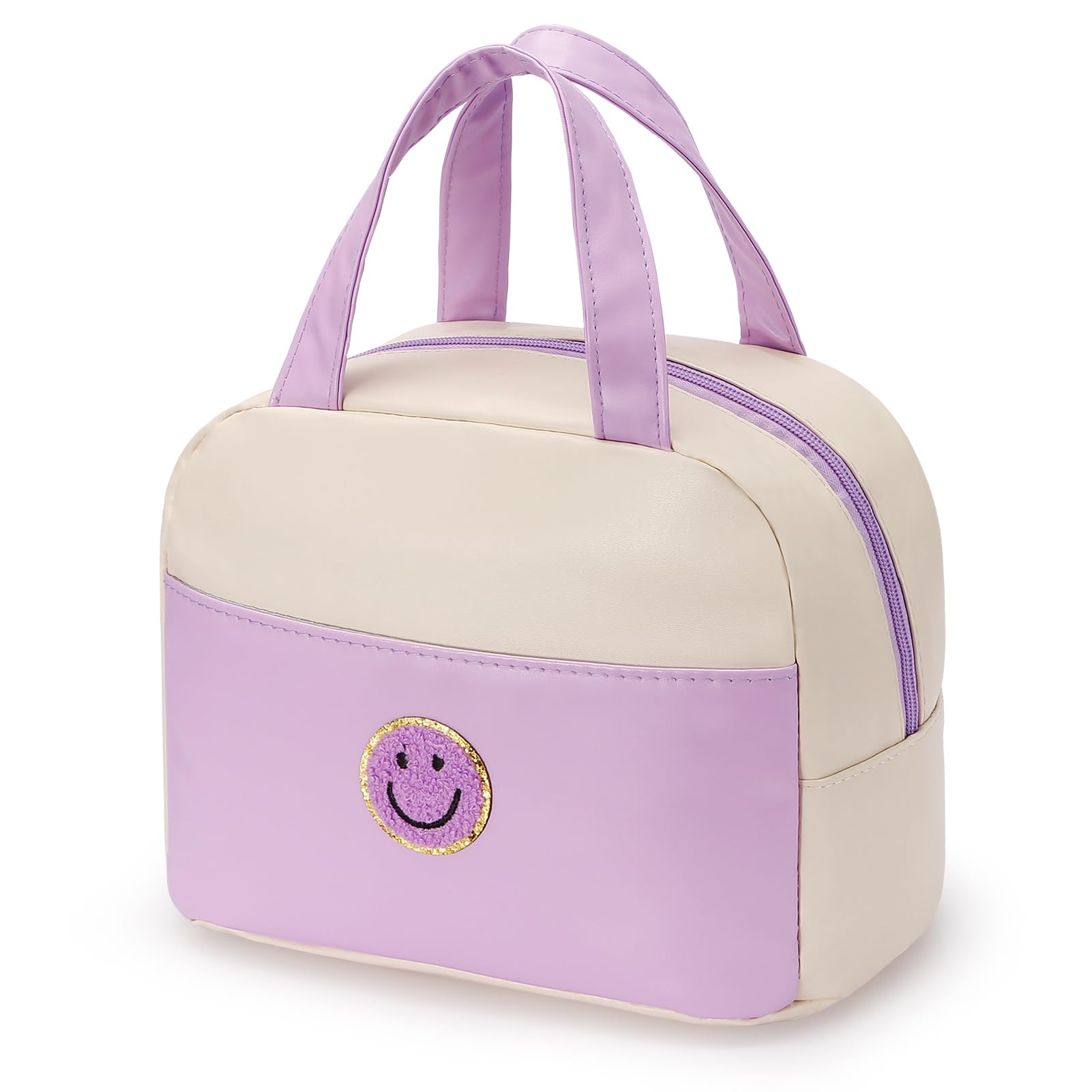 Chic Insulated Lunch Tote with Soft Leather - Purple & White