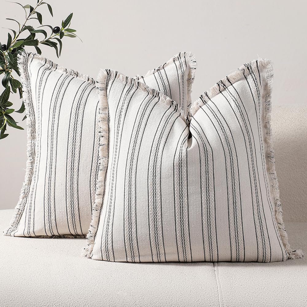 Striped Farmhouse Throw Pillow Covers with Fringe — Set of 2, 20x20